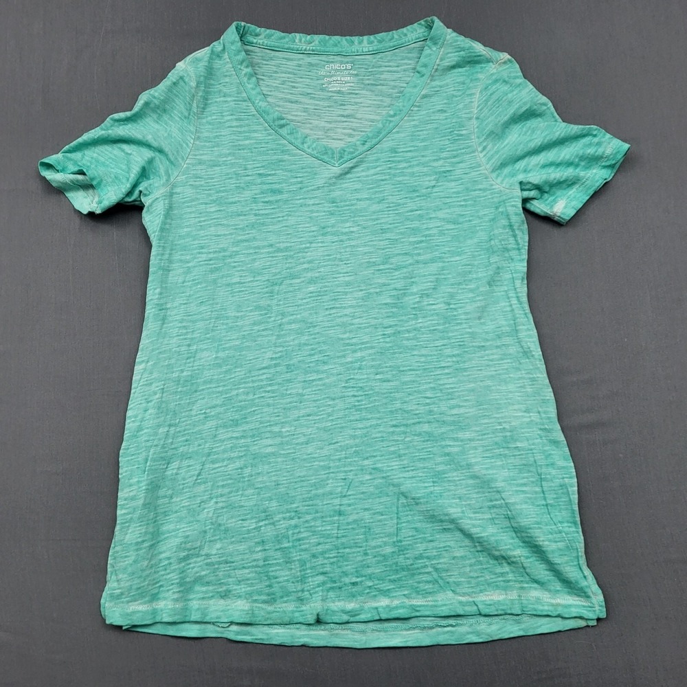 Chicos The Ultimate Tee Teal Green V-Neck Slub Knit Cotton Modal Shirt Size 1 M